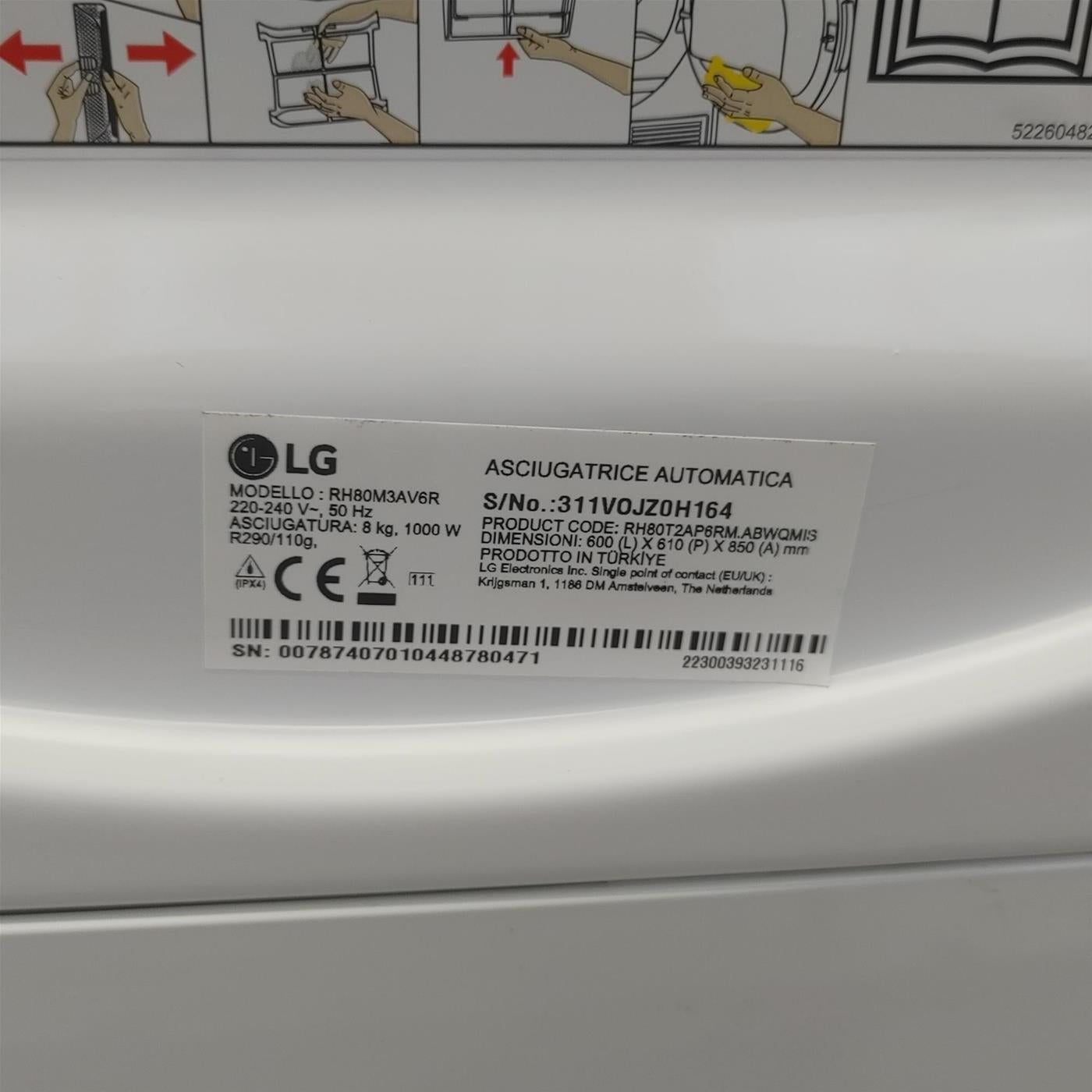 Asciugatrice LG RH80M3AV6R Libera installazione Caricamento frontale 8 kg A++ Bianco