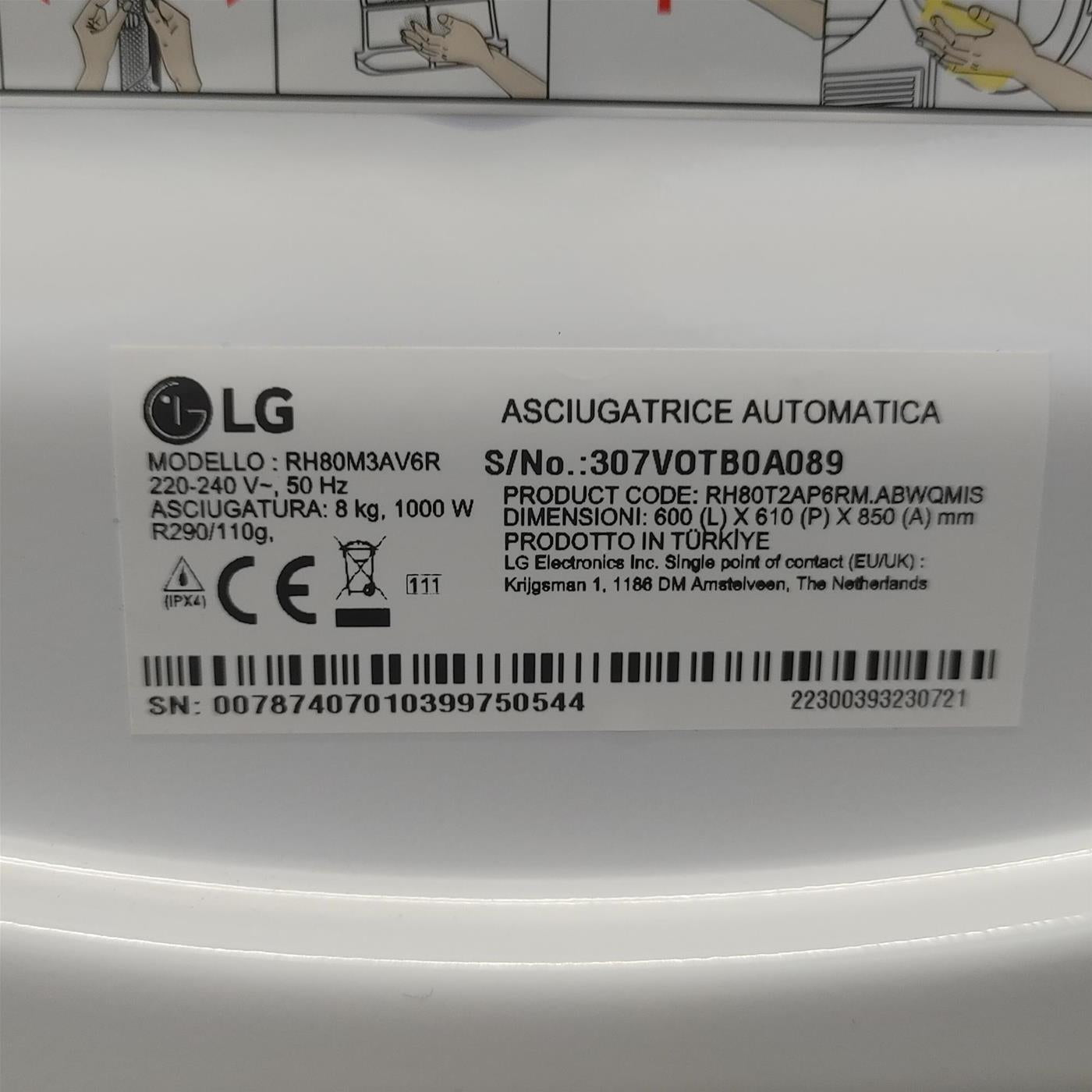 LG Asciugatrice RH80M3AV6R Capacità 8Kg, Classe A++, Tecnologia a Pompa di Calore