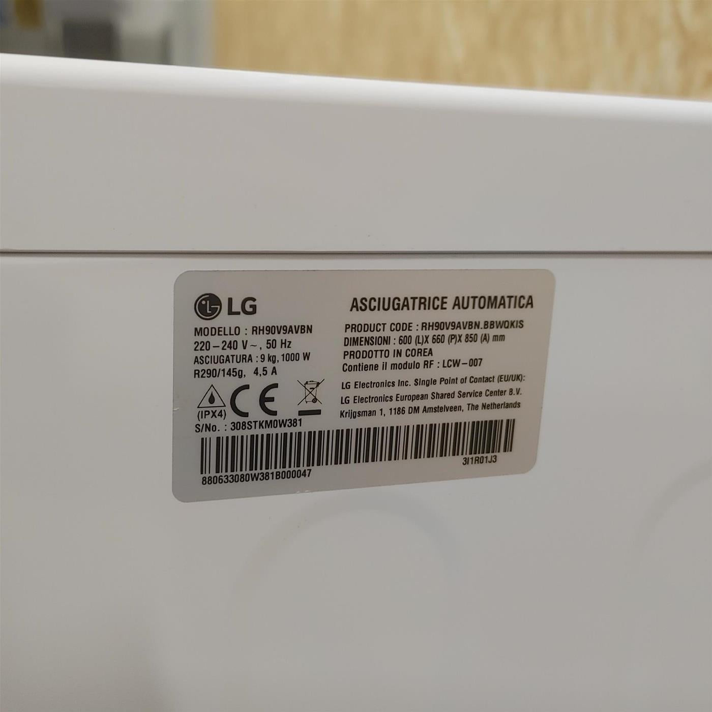 Asciugatrice LG RH90V9AVBN Libera installazione Caricamento frontale 9 kg A+++ Bianco