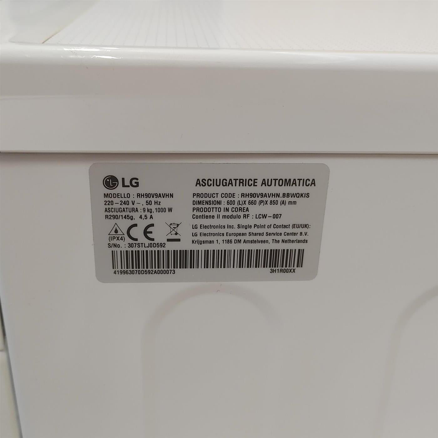 LG RH90V9AVHN asciugatrice Libera installazione Caricamento frontale 9 kg A+++ Bianco