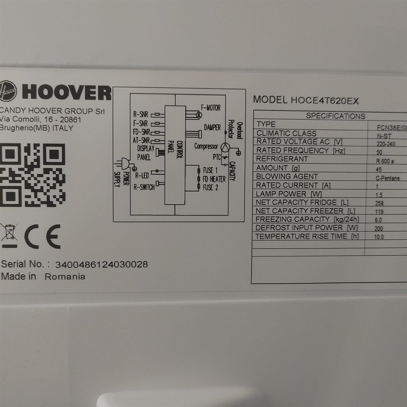 Hoover H-FRIDGE 500 HOCE4T620EX Libera installazione 377 LE Argento