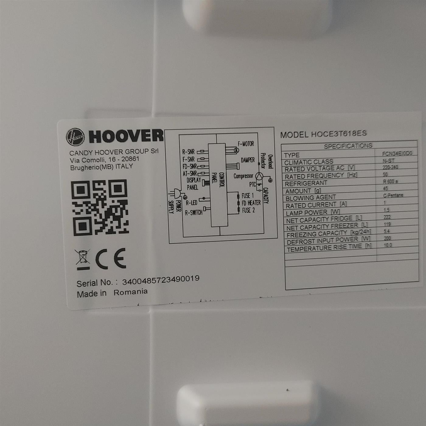 Hoover H-FRIDGE 500 LITE HOCE3T618ES Libera Installazione 341 LE Silver