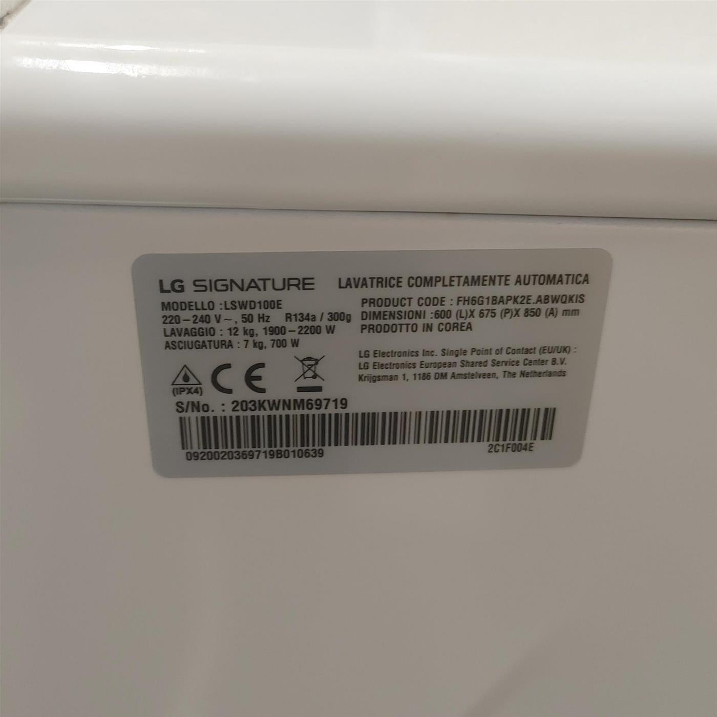 LG LSWD100E lavasciuga Libera installazione Caricamento frontale Bianco A