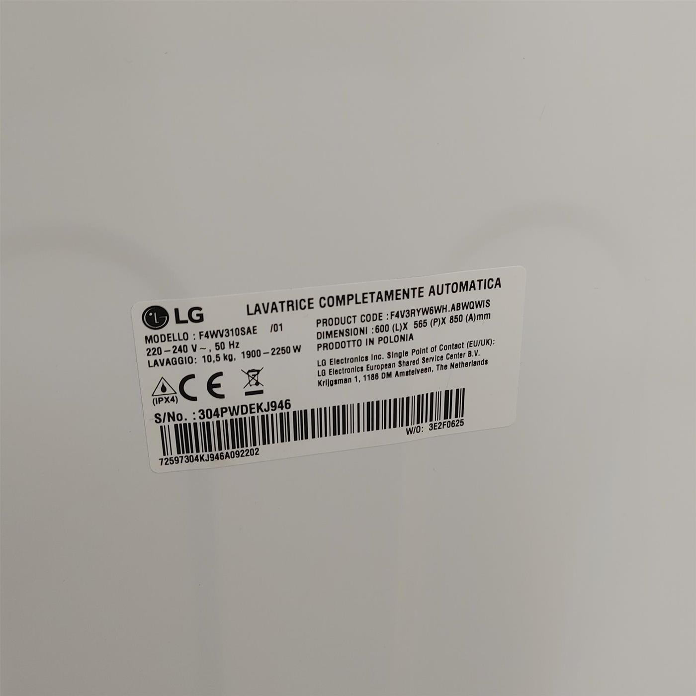 LG F4WV310SAE lavatrice Caricamento frontale 10,5 kg 1400 Giri/min A Bianco