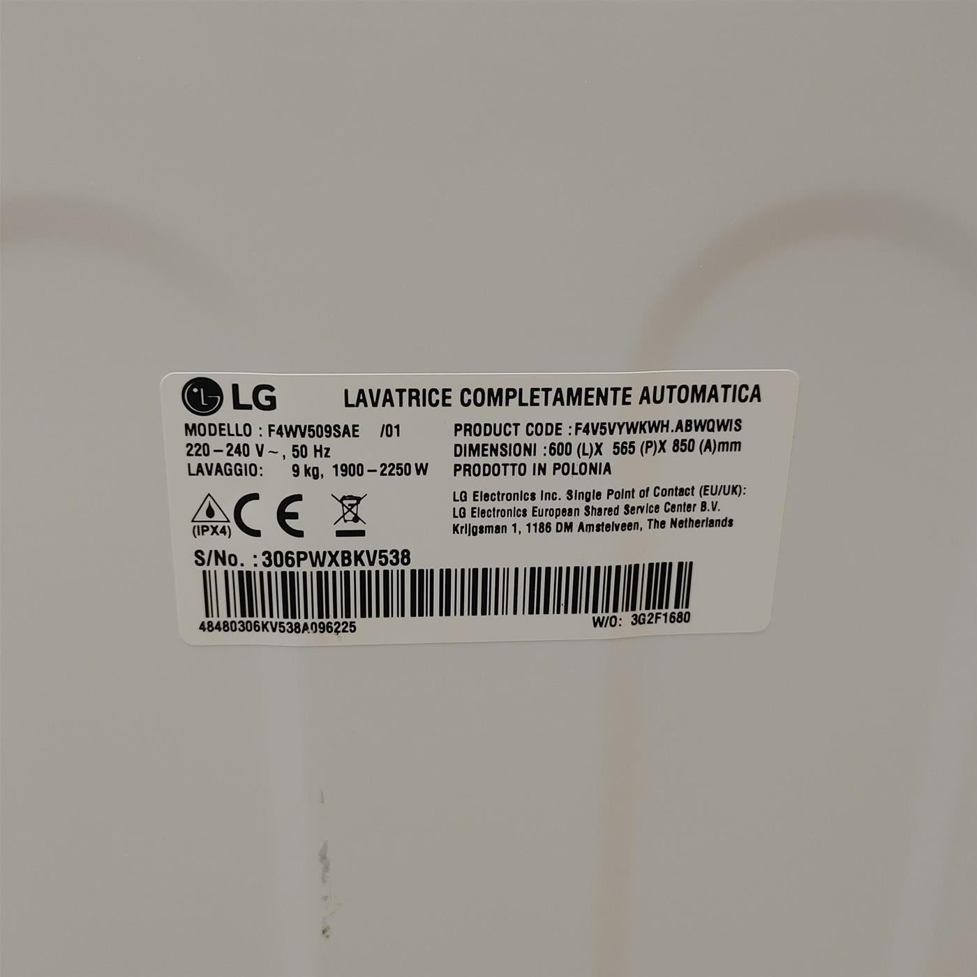 Lavatrice LG F4WV509SAE Carica frontale 9 kg 1400 Giri/min Bianco