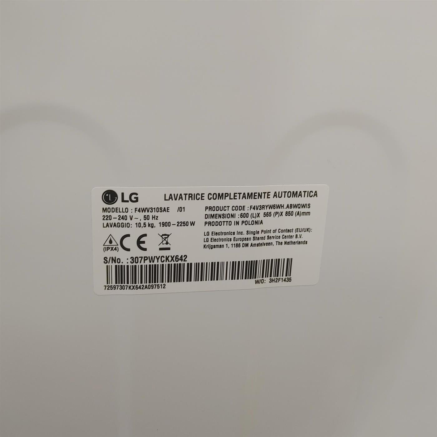 LG F4WV310SAE lavatrice Caricamento frontale 10,5 kg 1400 Giri/min A Bianco