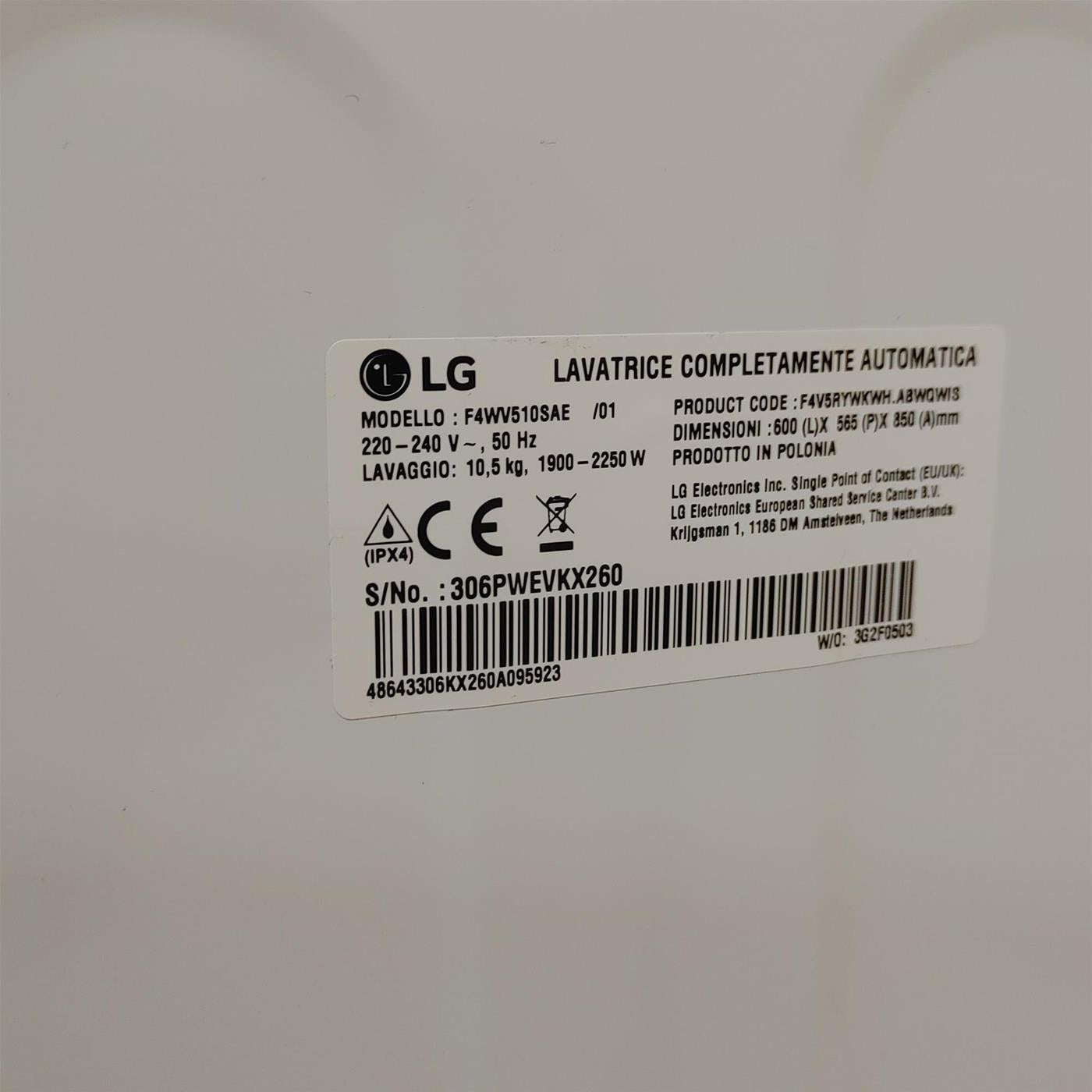 LG F4WV510SAE lavatrice Caricamento frontale 10 kg 1400 Giri/min A Bianco