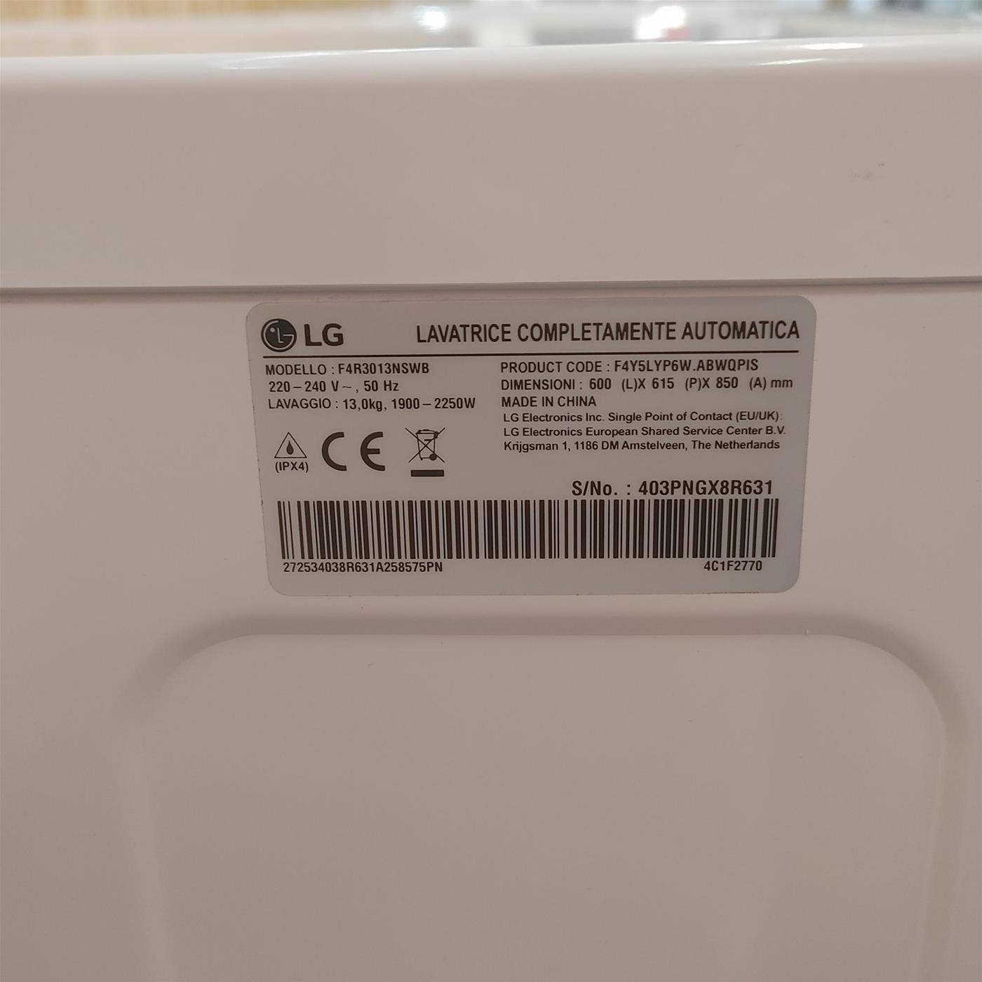 Lavatrice LG F4R3013NSWB Carica frontale 13 kg 1400 Giri/min Bianco